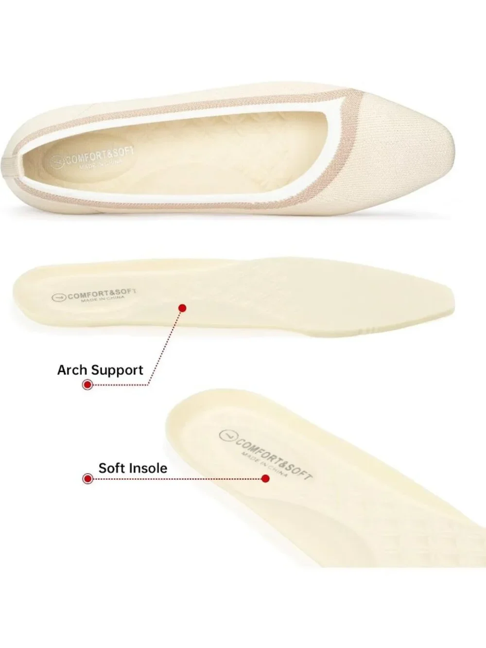 Frank Mully Women's Beige Rubber Knitted Square Toe Comfortable Slip On Flats